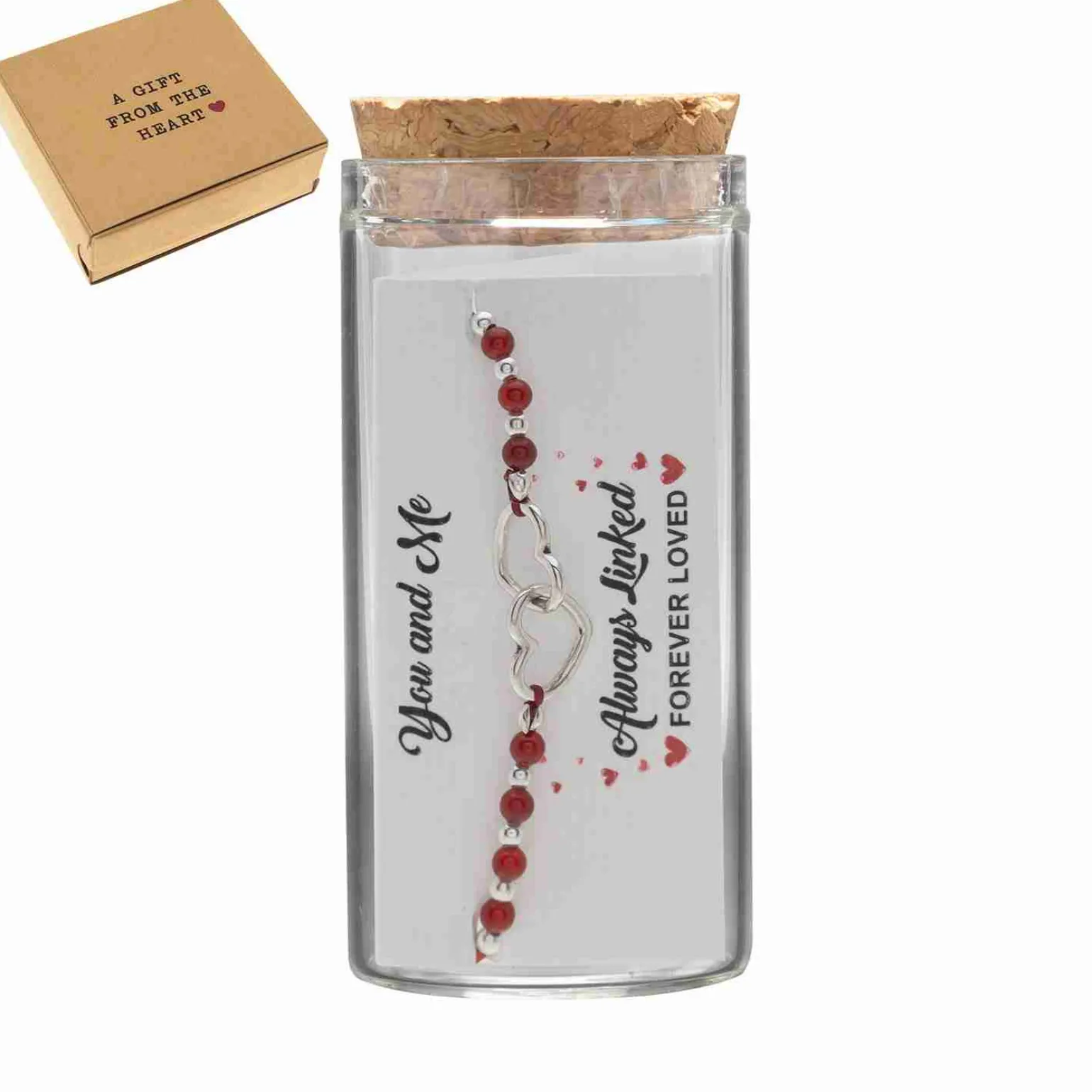 Gift box, armband in flesje, verbonden harten met rode kralen