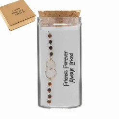 Gift box, armband in flesje, verbonden ringen en bruine kralen