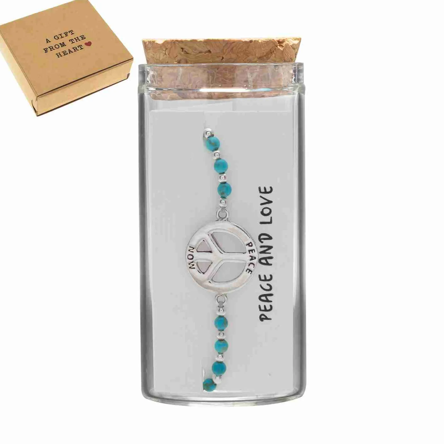 Gift box, armband in flesje, peace teken met blauwe kralen