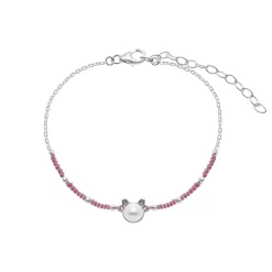 Gift box, armband in flesje, parel met kattenoortjes en roze stof