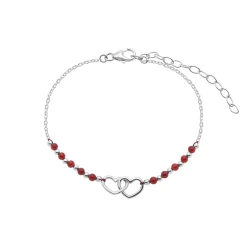 Gift box, armband in flesje, verbonden harten met rode kralen