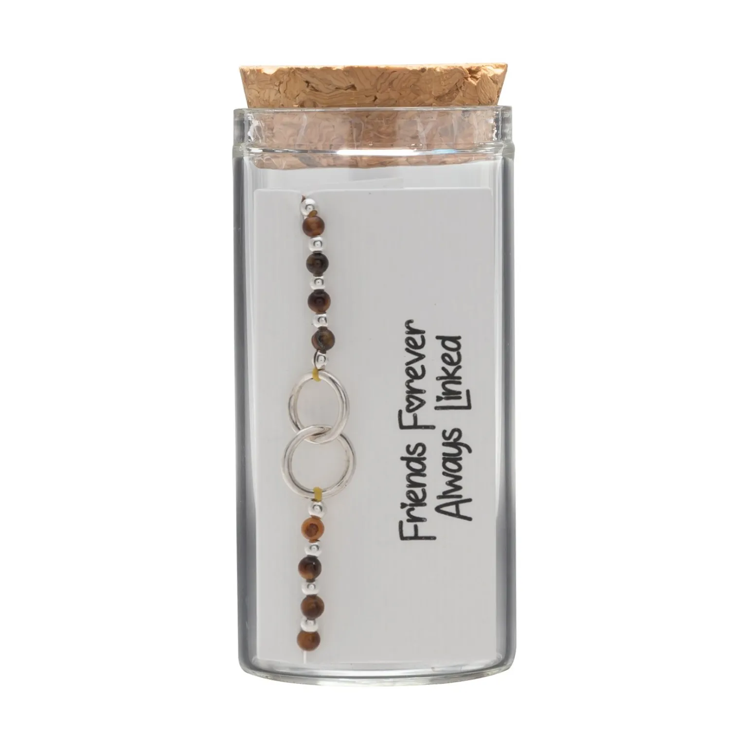 Gift box, armband in flesje, verbonden ringen en bruine kralen