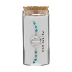 Gift box, armband in flesje, peace teken met blauwe kralen