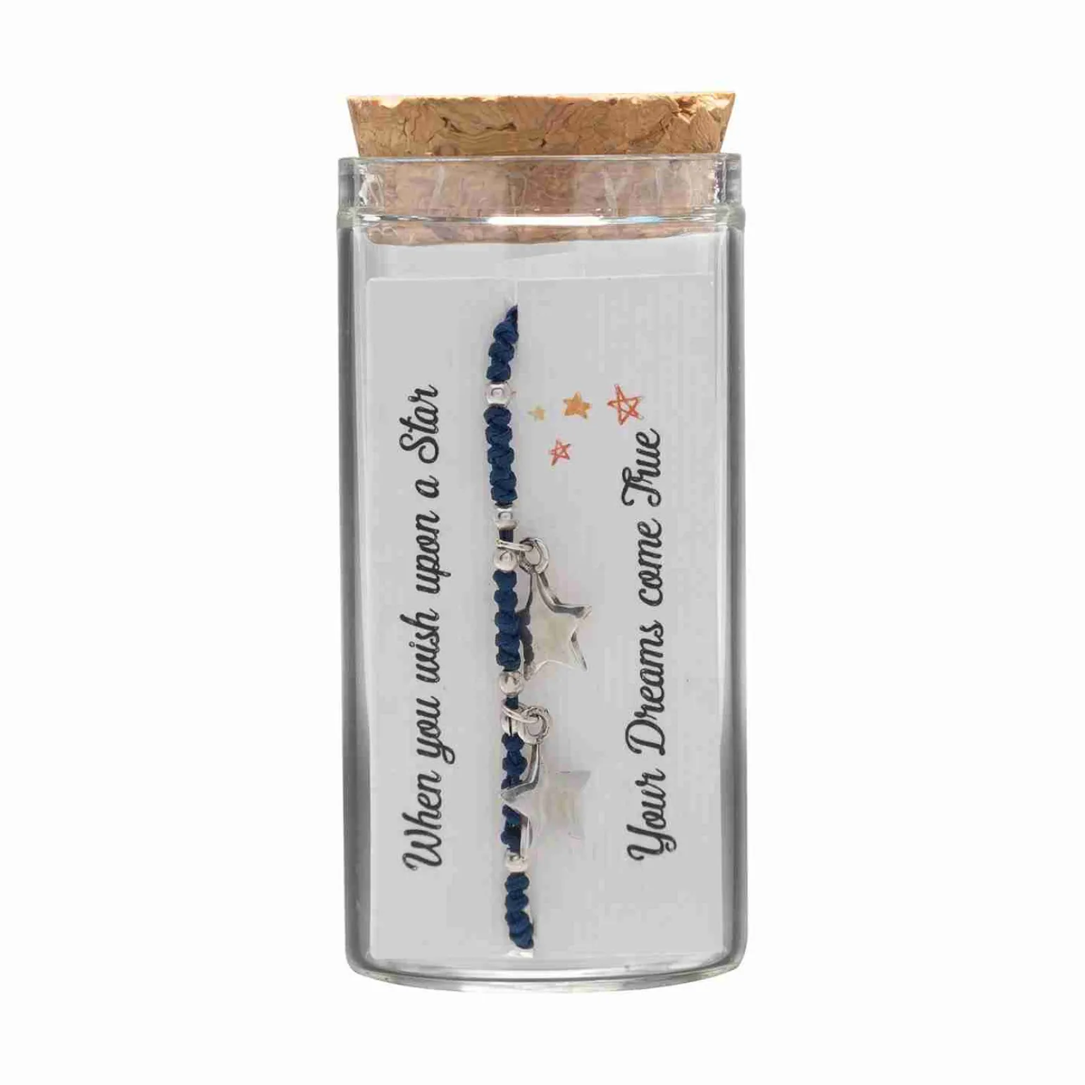 Gift box, armband in flesje, twee sterretjes met blauwe stof