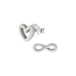 Gift box, oorstekers in flesje, hart en infinity teken