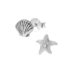Gift box, oorstekers in flesje, schelp en zeester met kristal