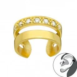 Gold plated ear cuff, dubbele band waarvan een met kristallen