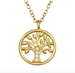 Gold plated ketting met hanger, tree of life met kristallen