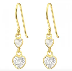 Gold plated oorhangers, twee harten van kristal