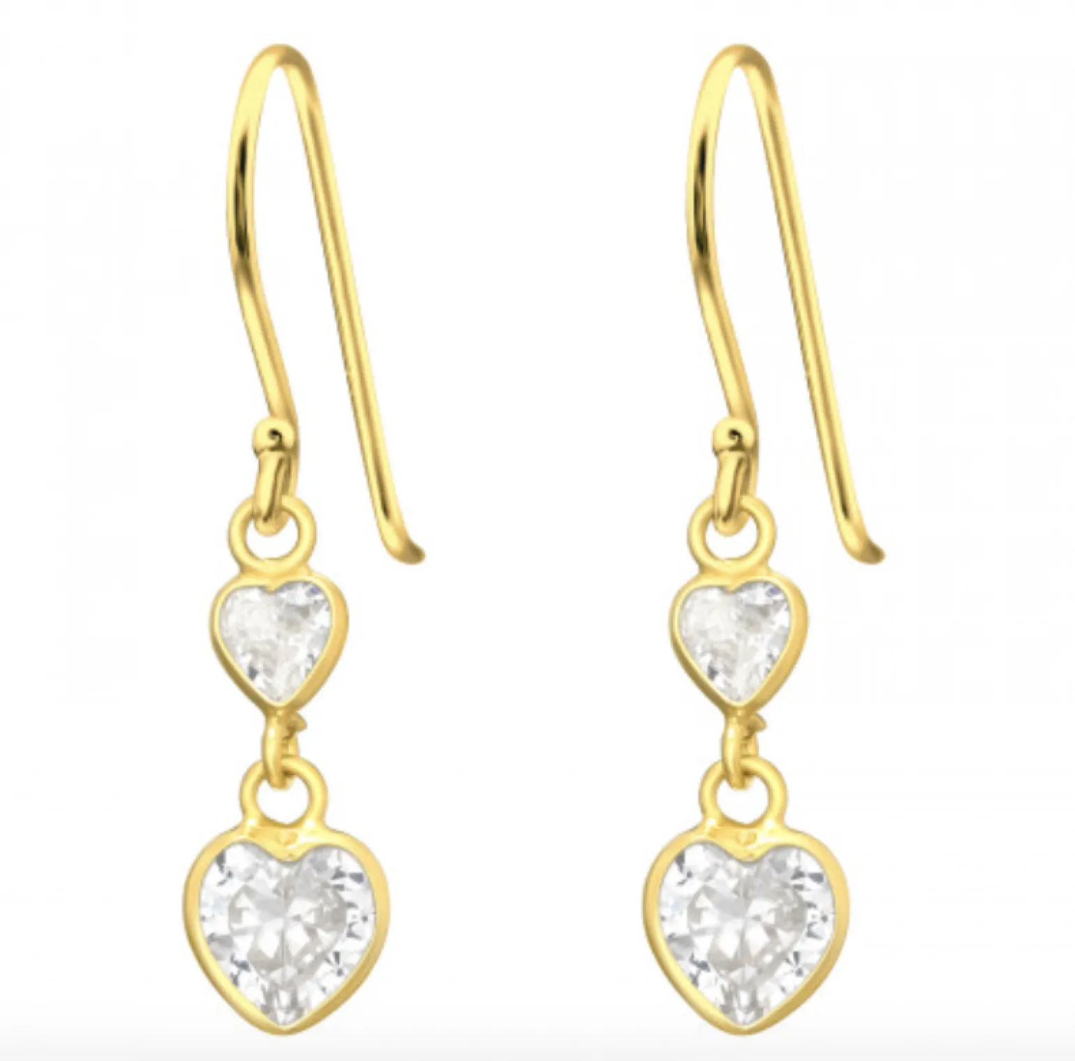 Gold plated oorhangers, twee harten van kristal