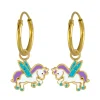 Gold plated oorringen, eenhoorn met blauwe vleugels