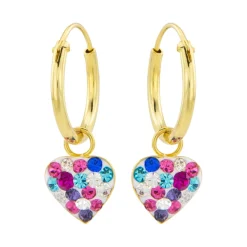 Gold plated oorringen met hanger, hart met gekleurde kristallen