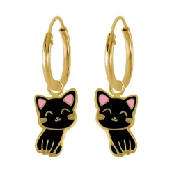 Gold plated oorringen met hanger, zwart katje