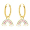 Gold plated oorringen met hanger, regenboog in pastelkleuren met glitters