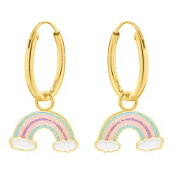 Gold plated oorringen met hanger, regenboog in pastelkleuren met glitters