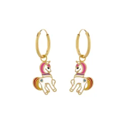 Gold plated oorringen met hanger, eenhoorn met roze manen