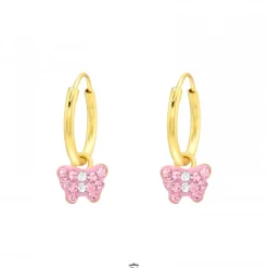 Gold plated oorringen, roze vlinder met kristallen