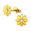Gold plated oorstekers, bloem met kristal