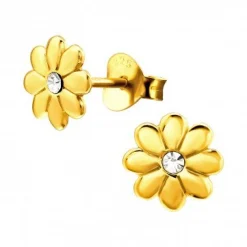 Gold plated oorstekers, bloem met kristal