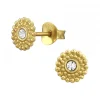 Gold plated oorstekers, bloemetje met hart van kristal