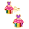 Gold plated oorstekers, cupcake in regenboog kleuren en hartje