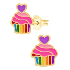 Gold plated oorstekers, cupcake in regenboog kleuren en hartje