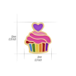 Gold plated oorstekers, cupcake in regenboog kleuren en hartje