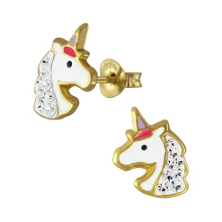 Gold plated oorstekers, eenhoorn met kristallen