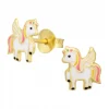 Gold plated oorstekers, eenhoorn met vleugels en gekleurde manen