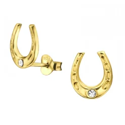Gold plated oorstekers, hoefijzer met kristalletje