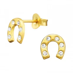 Gold plated oorstekers, hoefijzers met kristallen