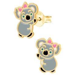 Gold plated oorstekers, koala met roze strik