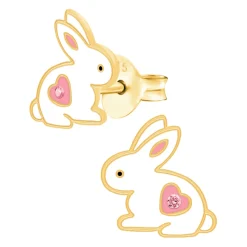 Gold plated oorstekers, konijn met hartje met kristal