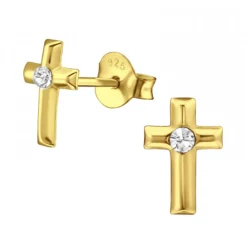 Gold plated oorstekers, kruisje met kristal