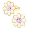 Gold plated oorstekers, madeliefje met roze hart met glitters