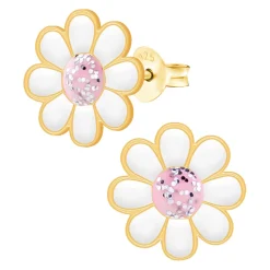 Gold plated oorstekers, madeliefje met roze hart met glitters
