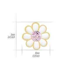 Gold plated oorstekers, madeliefje met roze hart met glitters
