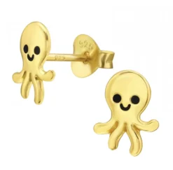 Gold plated oorstekers, octopus met blij gezicht