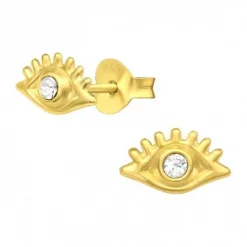 Gold plated oorstekers, oog met kristal