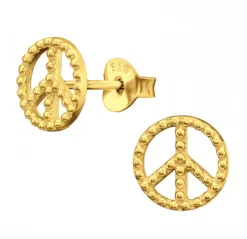 Gold plated oorstekers, opengewerkt peace teken met bolletjes details