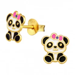 Gold plated oorstekers, panda met roze strik