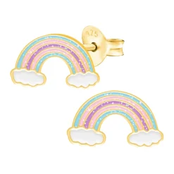 Gold plated oorstekers, regenboog in pastelkleuren met glitters