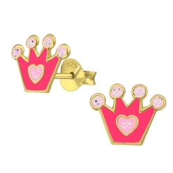 Gold plated oorstekers, roze kroon met roze glitterbolletjes en hartje