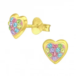Gold plated oorstekers, roze hart met gekleurde kristallen