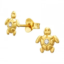 Gold plated oorstekers, schildpad met kristal