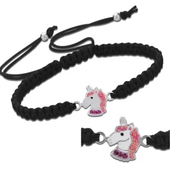 Katoenen armband, zilveren eenhoorn met roze glittermanen