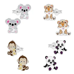 Kinderoorbellen, set van vier oorstekers van dieren, koala, panda, tijger en aap