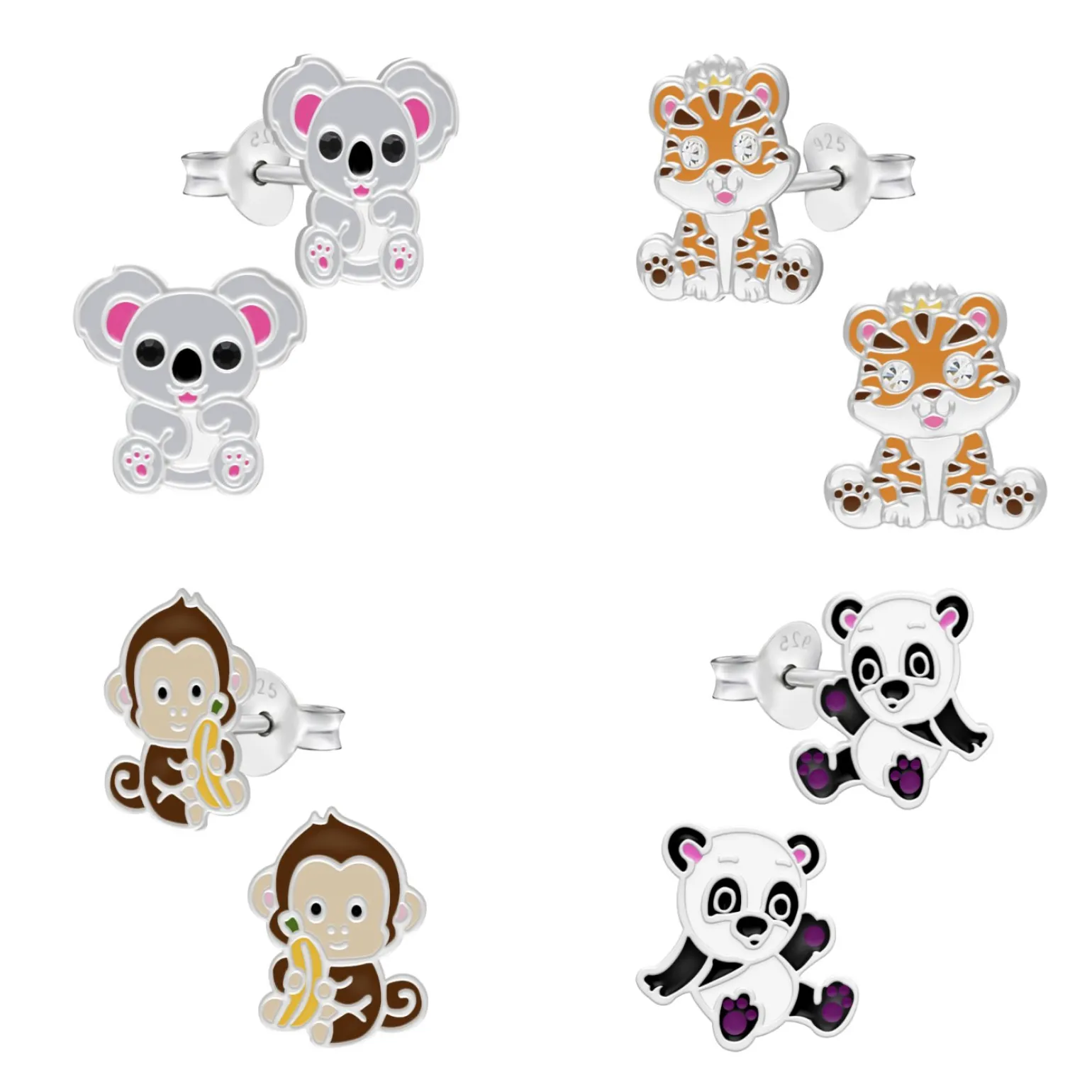 Kinderoorbellen, set van vier oorstekers van dieren, koala, panda, tijger en aap