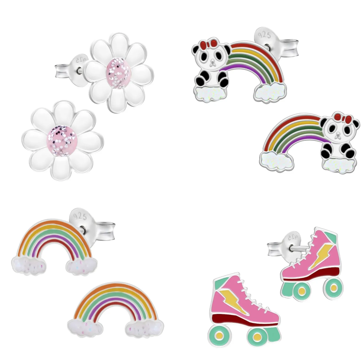 Kinderoorbellen, set van vier oorstekers regenboog, rolschaats en madeliefjes