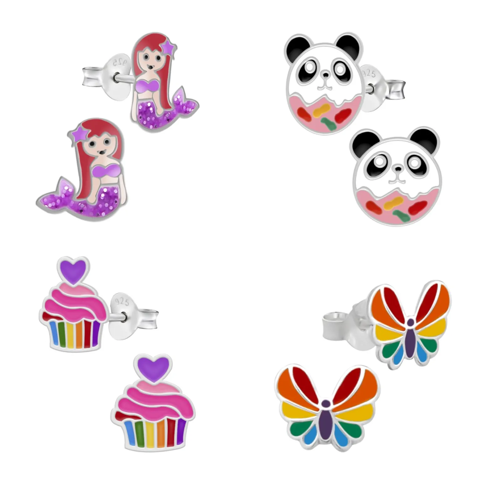Kinderoorbellen, set van vier oorstekers van zeemeermin, panda donut, cupcake en vlinder